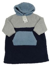 Nové - tmavomodro-šedo-modré huňaté šaty s kapsou a kapucí Tu