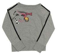 Sivá melírovaná mikina s obličejem a nášivkami a pruhmi teddy smith