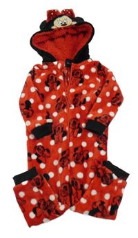Červeno-bílo-černá puntíkatá plyšová kombinéza s Minnie a kapucí PRIMARK