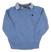 Modrý melírovaný sveter s výšivkou a všitou košilí Next