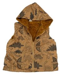 Medová šušťáková zateplená vesta s dinosaurami a kapucňou