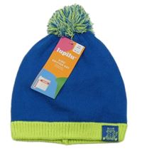Nové - cobaltovoě modro-limetková pletená čapica s mývalem a brmbolcom lupilu