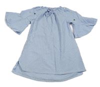 Modro-biele pruhované krepové šaty s perlami a mašlou a rozšířenými rukávy