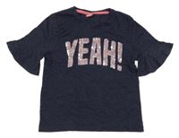 Tmavomodré melírované crop tričko s nápisem z flitrů a rozšířenými rukávy Y.F.K.