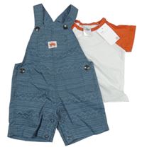 Nové - 2Set - Tmavomodré vzorované plátěné laclové kraťasy s jeepem + bílo/tmavooranžové tričko Target
