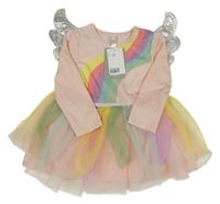 Nové - Kostým - Světlerůžovo-barevné šaty s duhou a tylem a křídly H&M