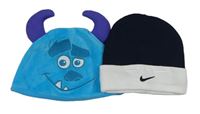 2x čepice - modrá sametová čepice - Sulley - Příšerky s.r.o. + tmavomodro-bílá bavlněná čepice s logem Nike