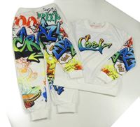 2set - Bílá mikina s grafitti nápisy + bílo-barevné tepláky Shein