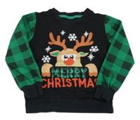 Čierno-zelená mikina so sobom a kockovanymi rukávy