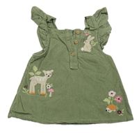 Khaki menšestrové šaty s králikom a srnkou Tu