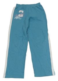 Modrozelené tepláky s písmenem a kočkou