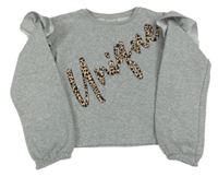 Sivá melírovaná crop mikina s nápisom s kamienkami a volánikmi Matalan