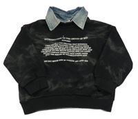 Čierna batikovaná mikina s nápisom a rifľovým golierikom