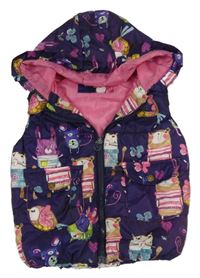 Tmavofialová šušťáková zateplená vesta so zvířaty a kapucňou