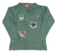 Zelený chlpatý sveter so zvířaty z flitrů Kiki&Koko