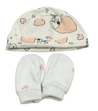 2set - Bílá bavlněná čepice se Snoopym a srdíčky + bílé rukavičky se srdcem