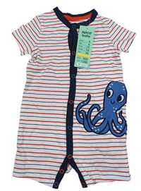 Nové - Bielo-červeno-tmavomodrý pruhovaný bavlnený kraťasový overal s chobotnicí Pep&Co