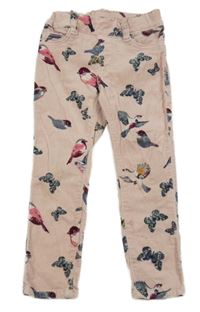 Ružové menšestrové elastické nohavice s motýly a vtáčky H&M