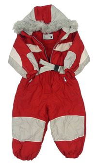 Červeno-sivá šušťáková zimná kombinéza s opaskom a kapucňou