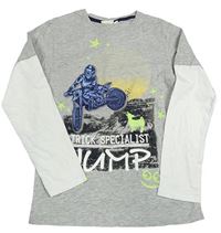 Šedo-bílé triko s nápisem a motorkou kids