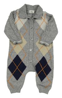 Šedo-béžovo-tmavomodrý károvaný pletený overal s límečkem River Island