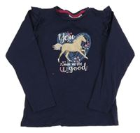 Tmavomodré triko s koněm a volánky 