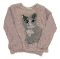 Svetloružový chlpatý sveter s mačkou H&M