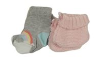 2x ponožky - růžové pletené + šedé s duhou 
