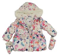 Bílo-růžovo-barevná šusťáková zimní bunda s motýlky a kapucí + rukavice M&S