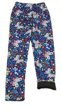 Tmavomodro-červeno-barevné květované zateplené legíny s motýlky 