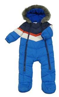 Modro-bielo-červená šušťáková zimná kombinéza s kapucňou s kožešinou F&F