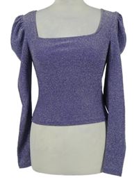 Dámské fialové třpytivé crop triko s nabíranými rukávy H&M