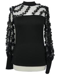 Dámské černé žebrované triko s tylovými rukávy a výstřihem Shein 