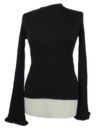 Dámsky čierny trblietavý rebrovaný sveter s volánikmi Sweewe