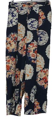 Dámské tmavomodré květované volné kalhoty Zara 
