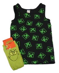 2set- černý nátělník s Minecraft+ zelené ponožky s Grinchem