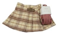 Nové - 2set- béžovo-růžovo-hnědá kostkovaná vlněná sukně+ vínové punčocháče Next