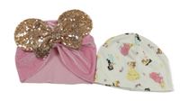 2set- čepice bílá s princeznami+ růžová sametová s flitry
