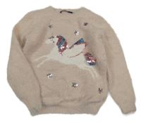 Svetloružový chlpatý sveter s jednorožcom s flitrami George