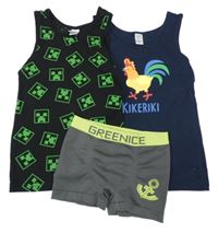 3set - tmavomodré tílko s kohoutem + černé tílko s minecraft + šedo-zelené trnky s kotvou 