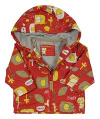 Červená šušťáková jarná bunda so zvířátky a s kapucňou
