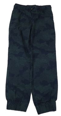 Tmavomodro-zelené vzorované plátěné cuff kalhoty 