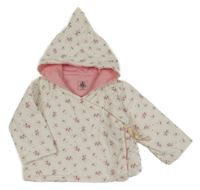 Bílá plátěná zavinovací podšitá bunda s kytičkami a kapucí Petit Bateau