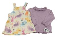 Nové - 2Set - Smetanové teplákové šaty se zvířátky + fialové vzorované triko s volánky St. Bernard