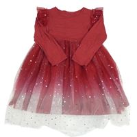 Vínovo-bílé bavlněno/tylové šaty s hvězdami a volánky