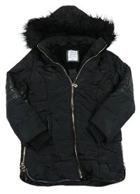 Čierny šusťákovo/koženkový zimný kabát s kapucňou F&F