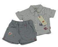 2set - Šedá proužkovaná košile + plátěné kraťasy s nápisy Lee Cooper 
