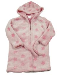 Světlerůžový hvězdičkovaný chlupatý župan s kapucí a páskem Orsolino 