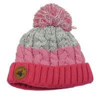 Růžovo-šedá pruhovaná copánková podšitá čepice s bambulí Kiki&Koko