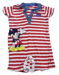 Červeno-bielo-modrý pruhovaný kraťasový overal s Mickey a golierikom Disney